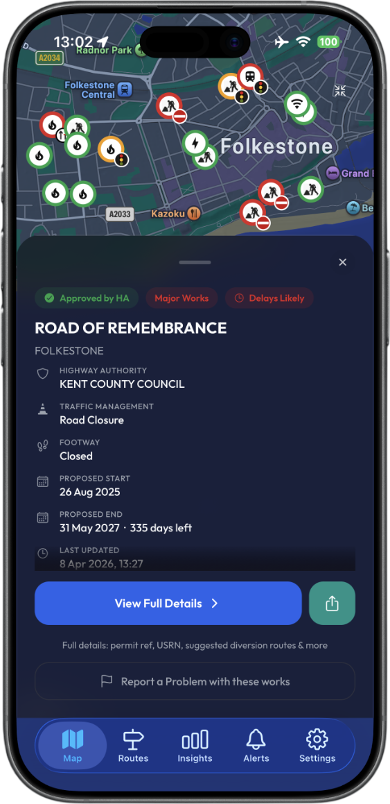 Roadworks Trackr showing Road of Remembrance roadworks detail in Folkestone