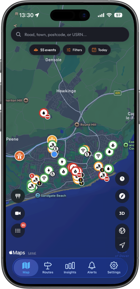 Live roadworks map in RoadworksTrackr