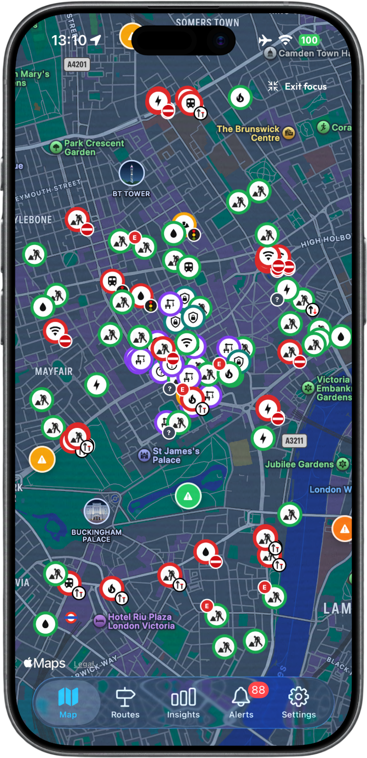 Live roadworks map in Roadworks Trackr showing London area with multiple roadwork pins