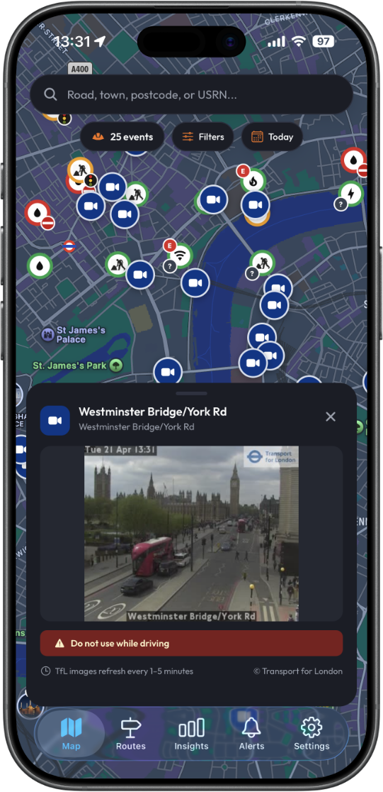 TfL JamCam view at Westminster Bridge in RoadworksTrackr