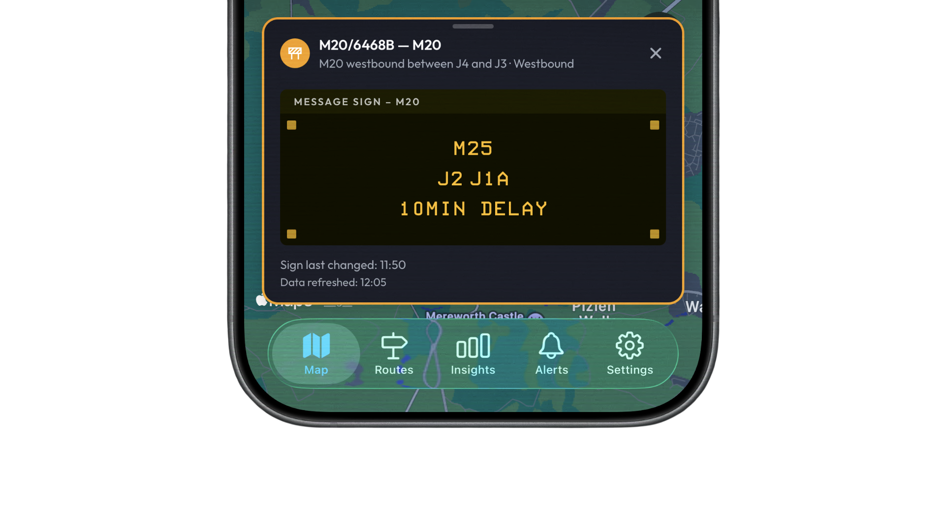 Variable Message Sign (VMS) showing live delay information from a National Highways gantry