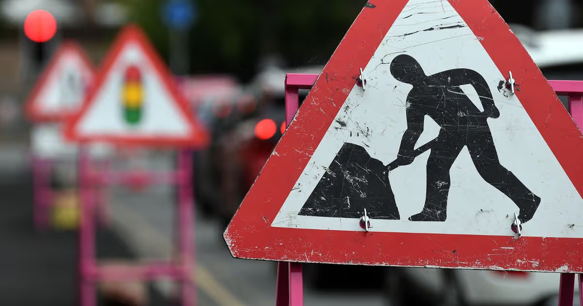 UK roadworks sign on a British road