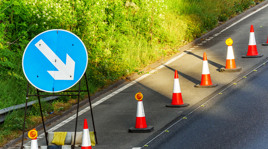 Traffic management cones on a UK road
